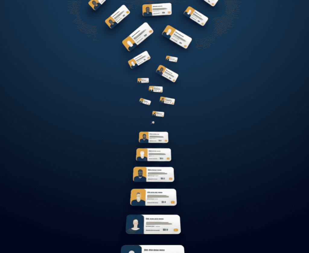 Digital funnel with social media profiles flowing into verified contact cards