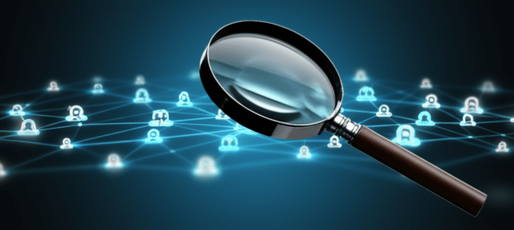 Magnifying glass over interconnected social media profile nodes