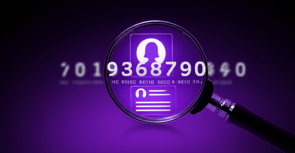 Phone number digits scanned by digital magnifying glass revealing identity profile
