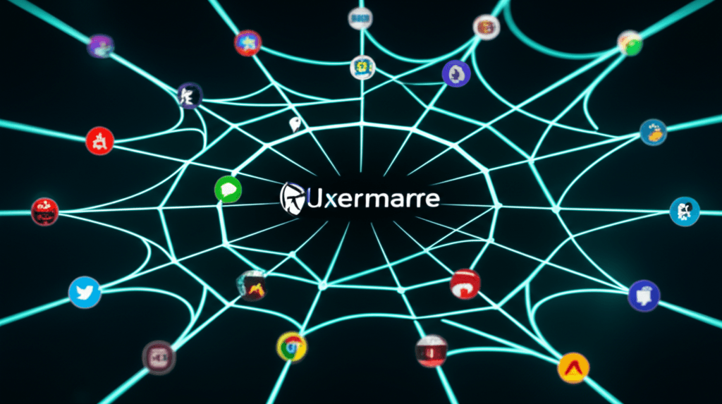 Username radiating connections to website logos like a spider web